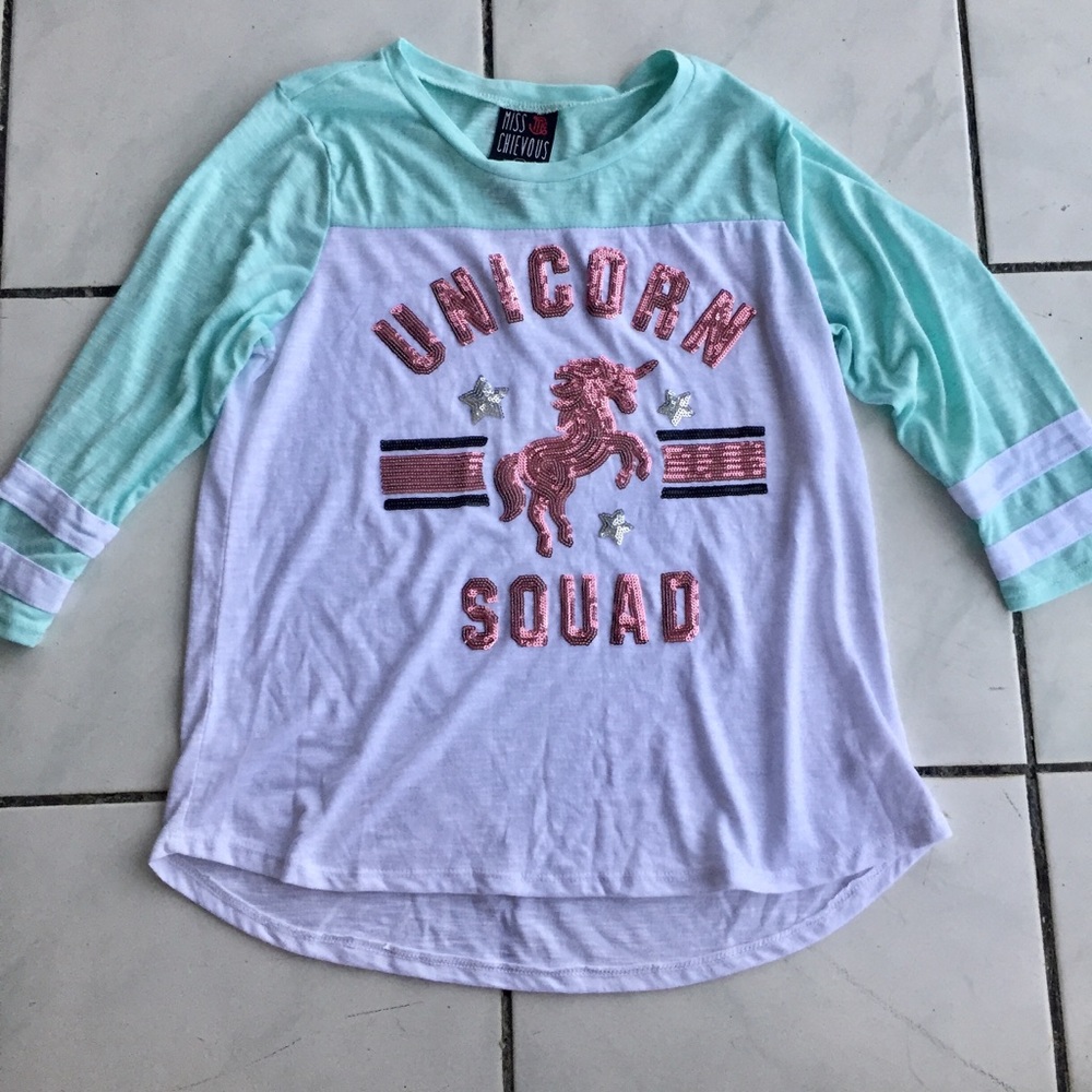 🦄 3/4 Sleeve Miss Chievous: 🦄 Unicorn Teal and White Sequin…